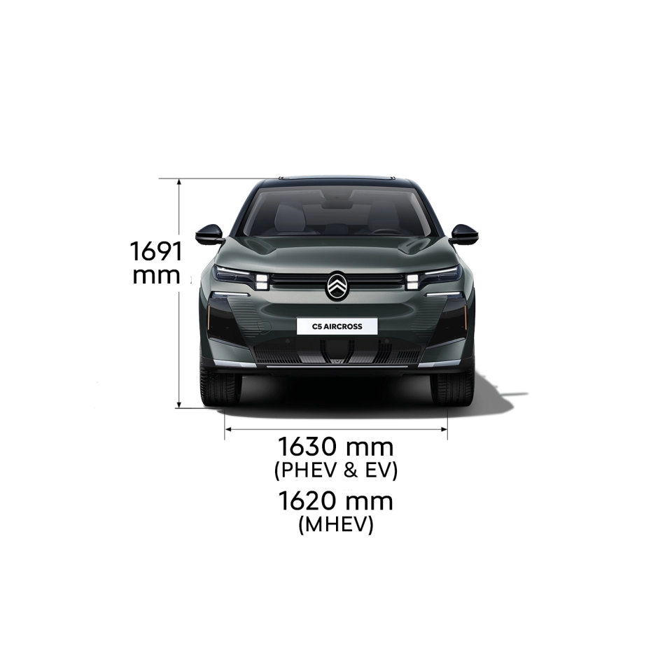 Technisch overzicht van de C5 Aircross met voor‑, achter‑, zij‑ en bovenaanzicht, inclusief buitenmaten en bagageruimte‑inhoud.